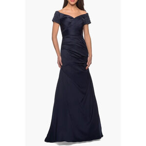 La Femme Off the Shoulder Beaded Satin Trumpet Gown in Color Navy in Size 6 NWOT